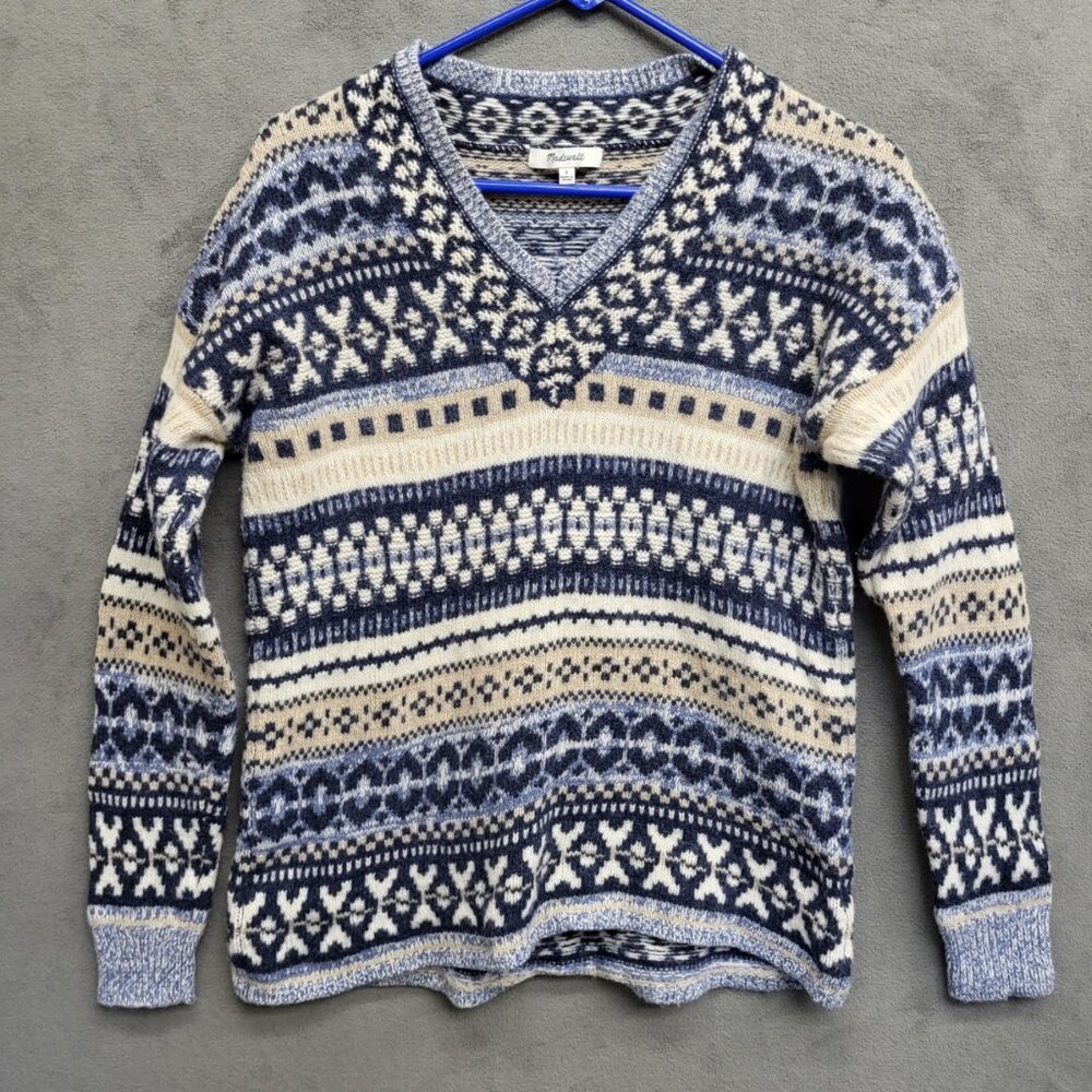 Madewell Women's Sweater‎ Size Small Pullover Vneck Aztec Print Wool Blend